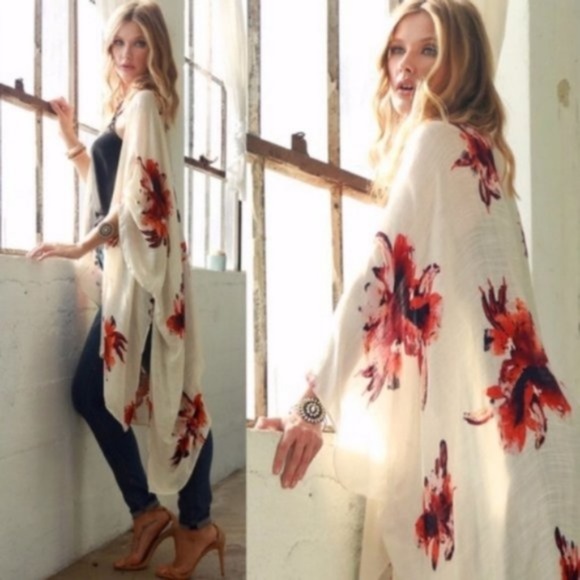 bohemian floral print open front kimono cover up - Picture 4 of 8
